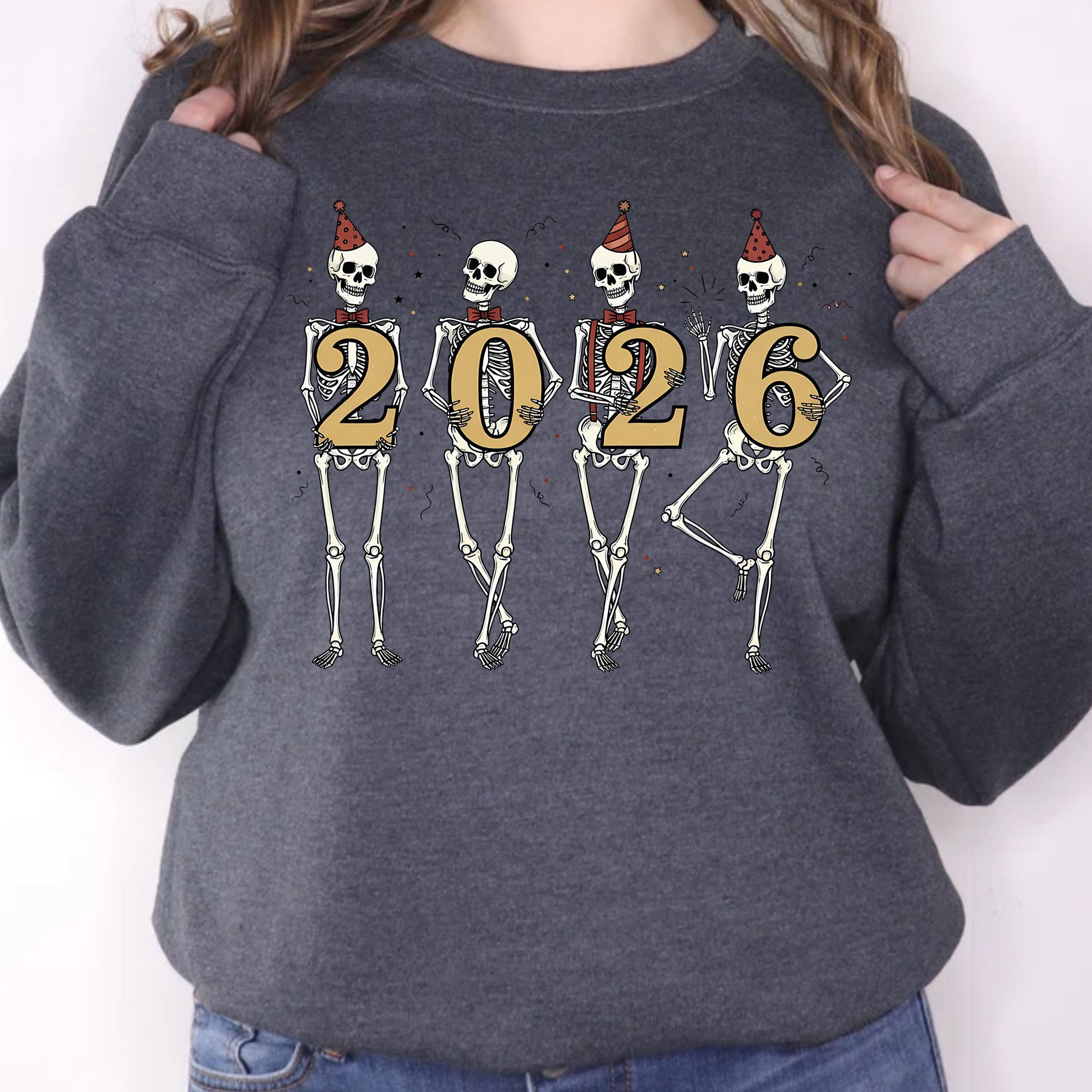 New Year 2026 Skeleton Party DTF Transfer, Ready to Press Heat Transfer for Shirts, Fun Festive New Year 2026 Design, UV Sticker