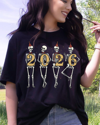 New Year 2026 Skeleton Party DTF Transfer, Ready to Press Heat Transfer for Shirts, Fun Festive New Year 2026 Design, UV Sticker