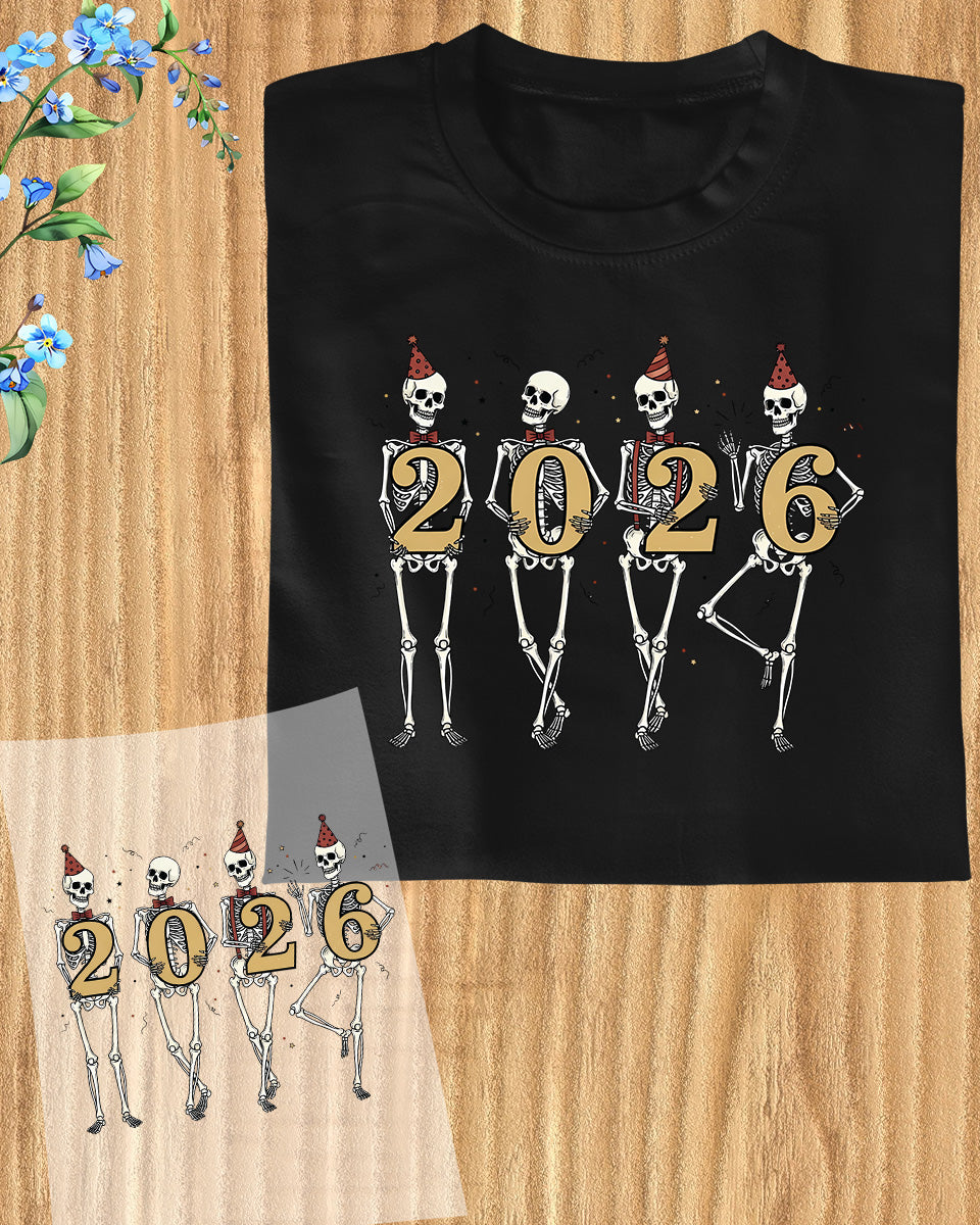 New Year 2026 Skeleton Party DTF Transfer, Ready to Press Heat Transfer for Shirts, Fun Festive New Year 2026 Design, UV Sticker