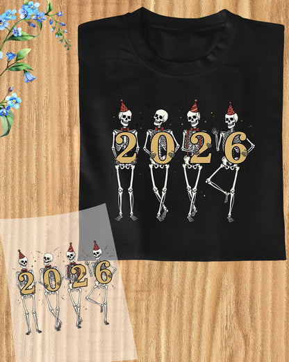 New Year 2026 Skeleton Party DTF Transfer, Ready to Press Heat Transfer for Shirts, Fun Festive New Year 2026 Design, UV Sticker
