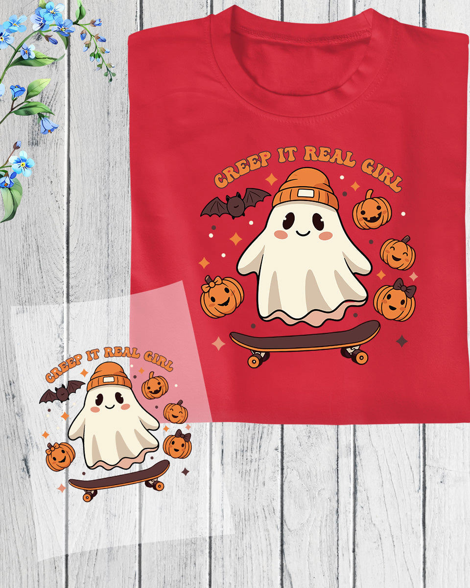 Halloween Skateboarding Ghost Creep it real Girl DTF Transfer Film