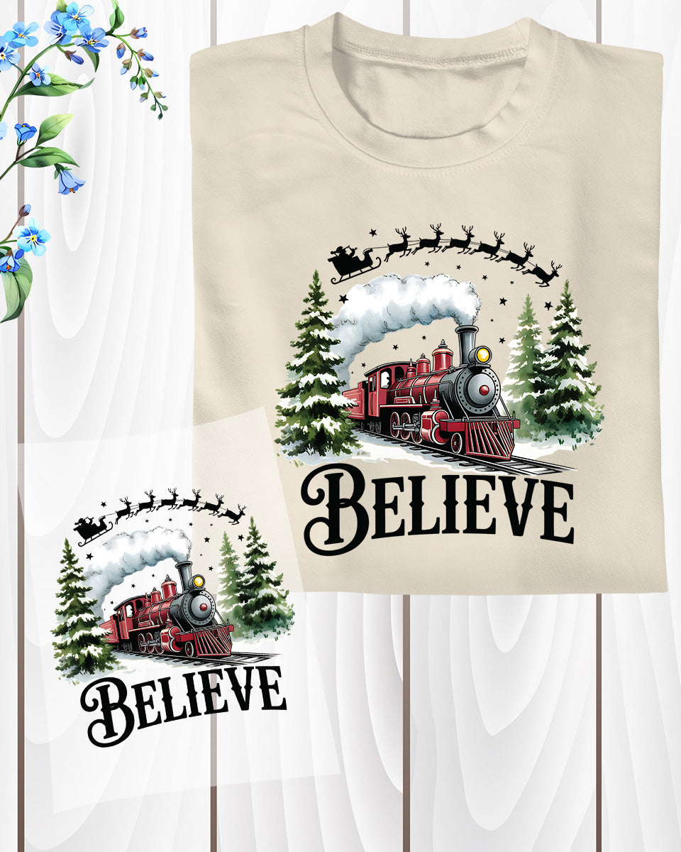 North Pole Train Christmas DTF Transfer ready to Press, Believe Christmas Heat Transfer, Believe North Pole Train UV Sticker Prints