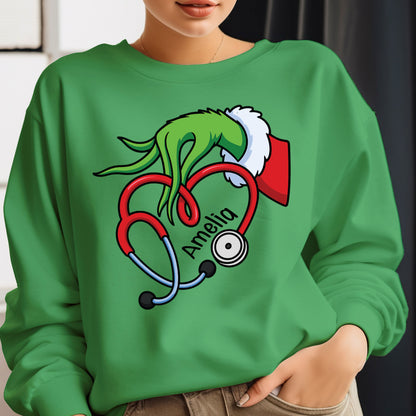 Merry Grinchmas Stethoscope Sweatshirt, Funny Grinch Doctor Christmas Shirt, Personalized Grinch Nurse Shirt, Custom Heart Stethoscope Tees