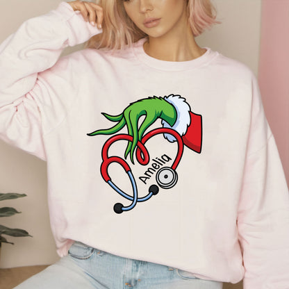 Merry Grinchmas Stethoscope Sweatshirt, Funny Grinch Doctor Christmas Shirt, Personalized Grinch Nurse Shirt, Custom Heart Stethoscope Tees