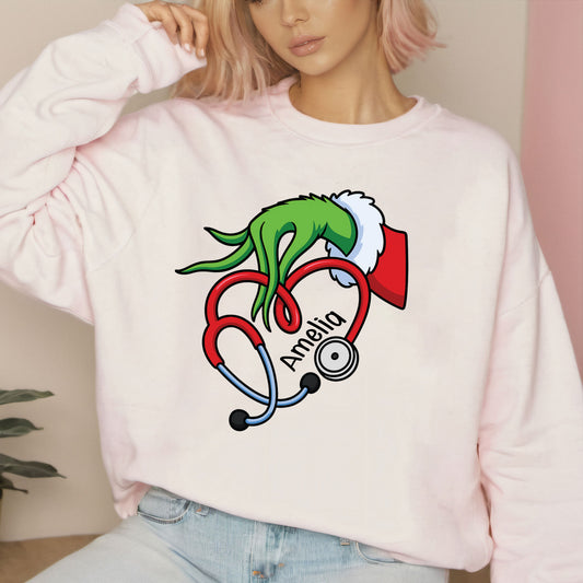 Merry Grinchmas Stethoscope Sweatshirt, Funny Grinch Doctor Christmas Shirt, Personalized Grinch Nurse Shirt, Custom Heart Stethoscope Tees