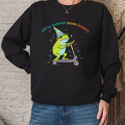 Mama Frog Sweatshirt, Off to Commit Mom Foolery Crewneck Funny Frog Scooter Sweater, Pregnancy Announcement Shirts From Husband