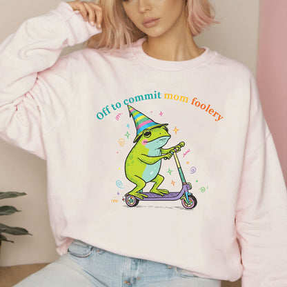 Mama Frog Sweatshirt, Off to Commit Mom Foolery Crewneck Funny Frog Scooter Sweater, Pregnancy Announcement Shirts From Husband