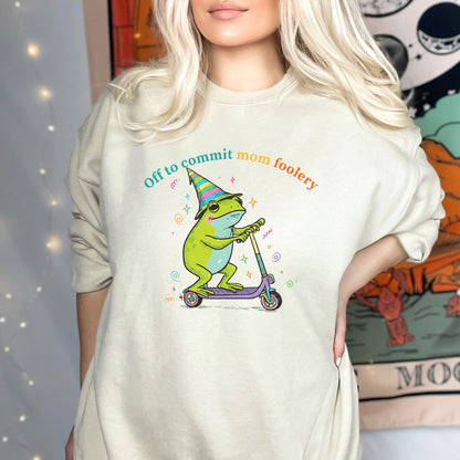 Mama Frog Sweatshirt, Off to Commit Mom Foolery Crewneck Funny Frog Scooter Sweater, Pregnancy Announcement Shirts From Husband