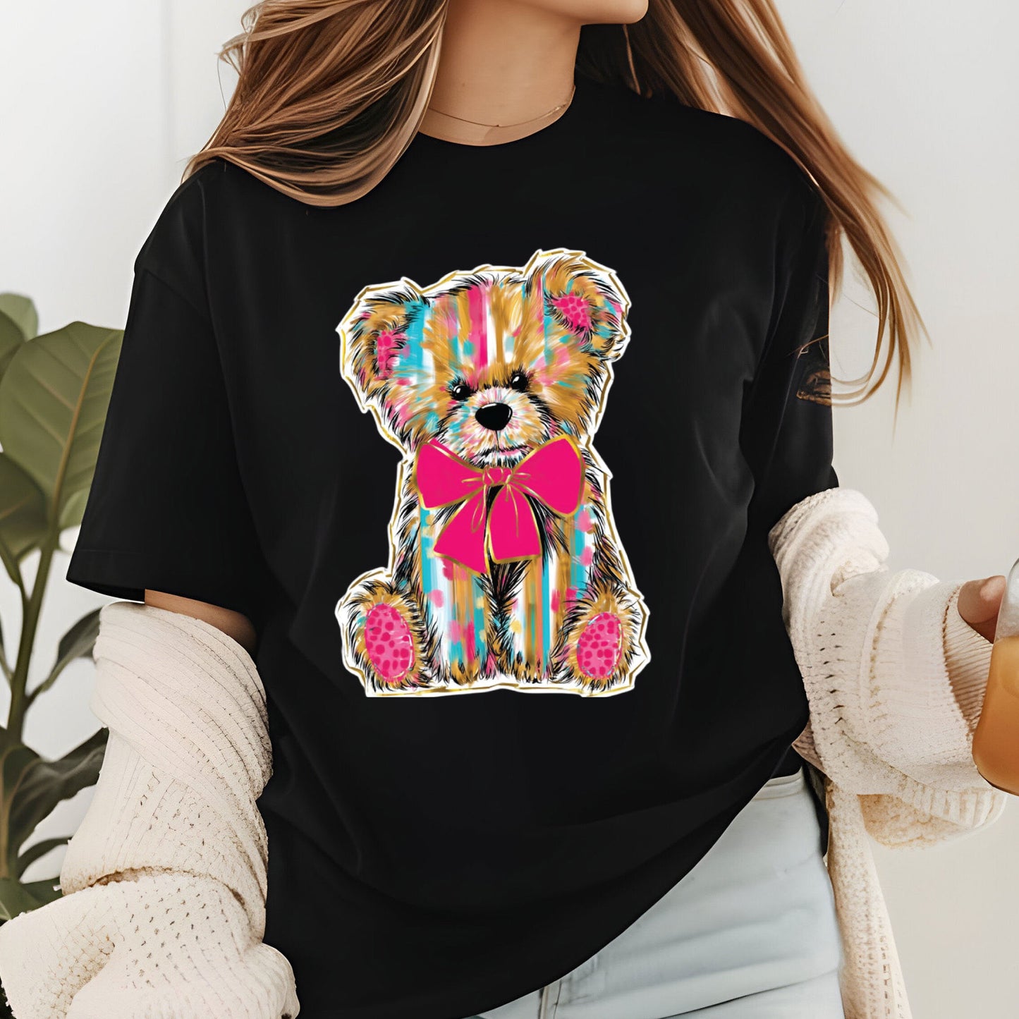 Patchwork Teddy Bear Glitter DTF Transfer