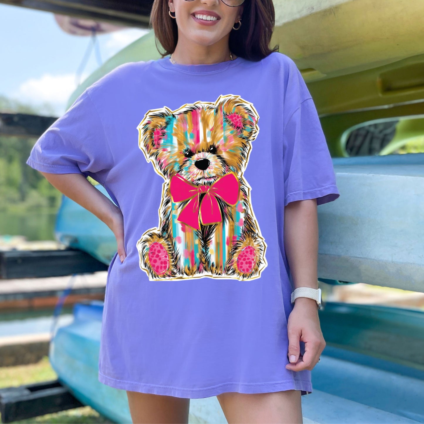 Patchwork Teddy Bear Glitter DTF Transfer
