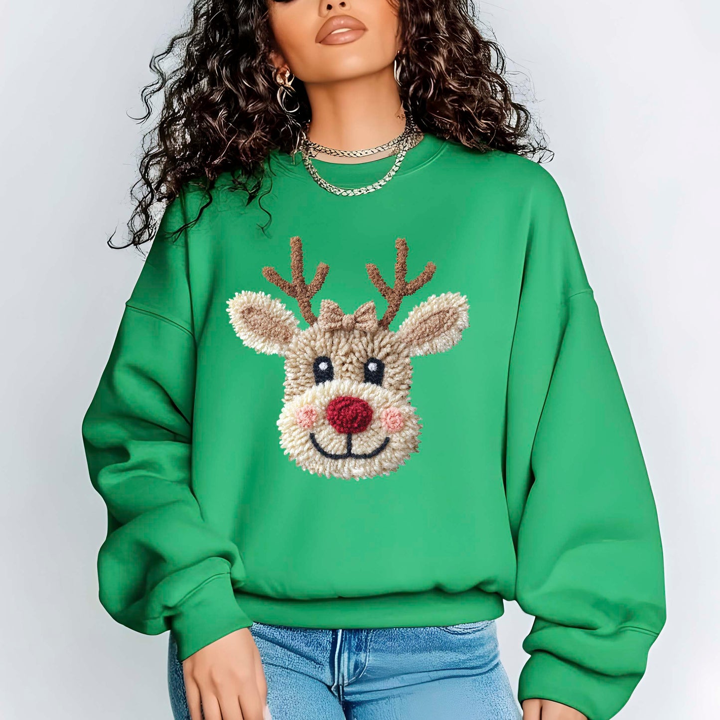 Patchwork Yarn Crochet Reindeer Bow DTF Transfer, Holiday Heat Press Design, Xmas Shirt Print, UV DTF Sticker, Christmas Gift Idea