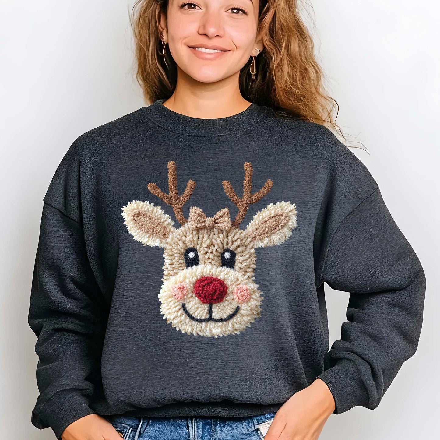 Patchwork Yarn Crochet Reindeer Bow DTF Transfer, Holiday Heat Press Design, Xmas Shirt Print, UV DTF Sticker, Christmas Gift Idea