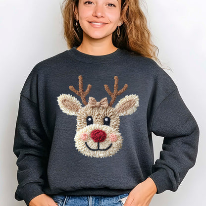 Patchwork Yarn Crochet Reindeer Bow DTF Transfer, Holiday Heat Press Design, Xmas Shirt Print, UV DTF Sticker, Christmas Gift Idea