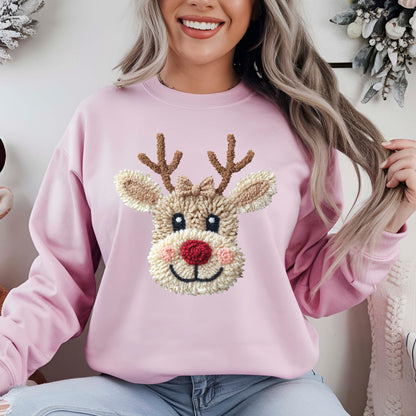 Patchwork Yarn Crochet Reindeer Bow DTF Transfer, Holiday Heat Press Design, Xmas Shirt Print, UV DTF Sticker, Christmas Gift Idea