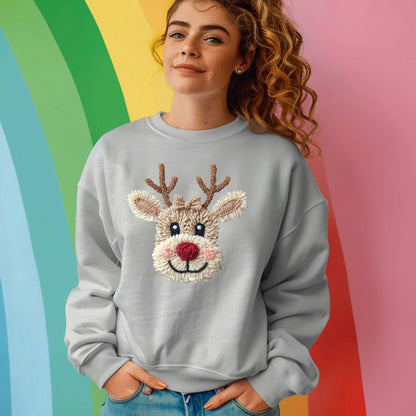 Patchwork Yarn Crochet Reindeer Bow DTF Transfer, Holiday Heat Press Design, Xmas Shirt Print, UV DTF Sticker, Christmas Gift Idea