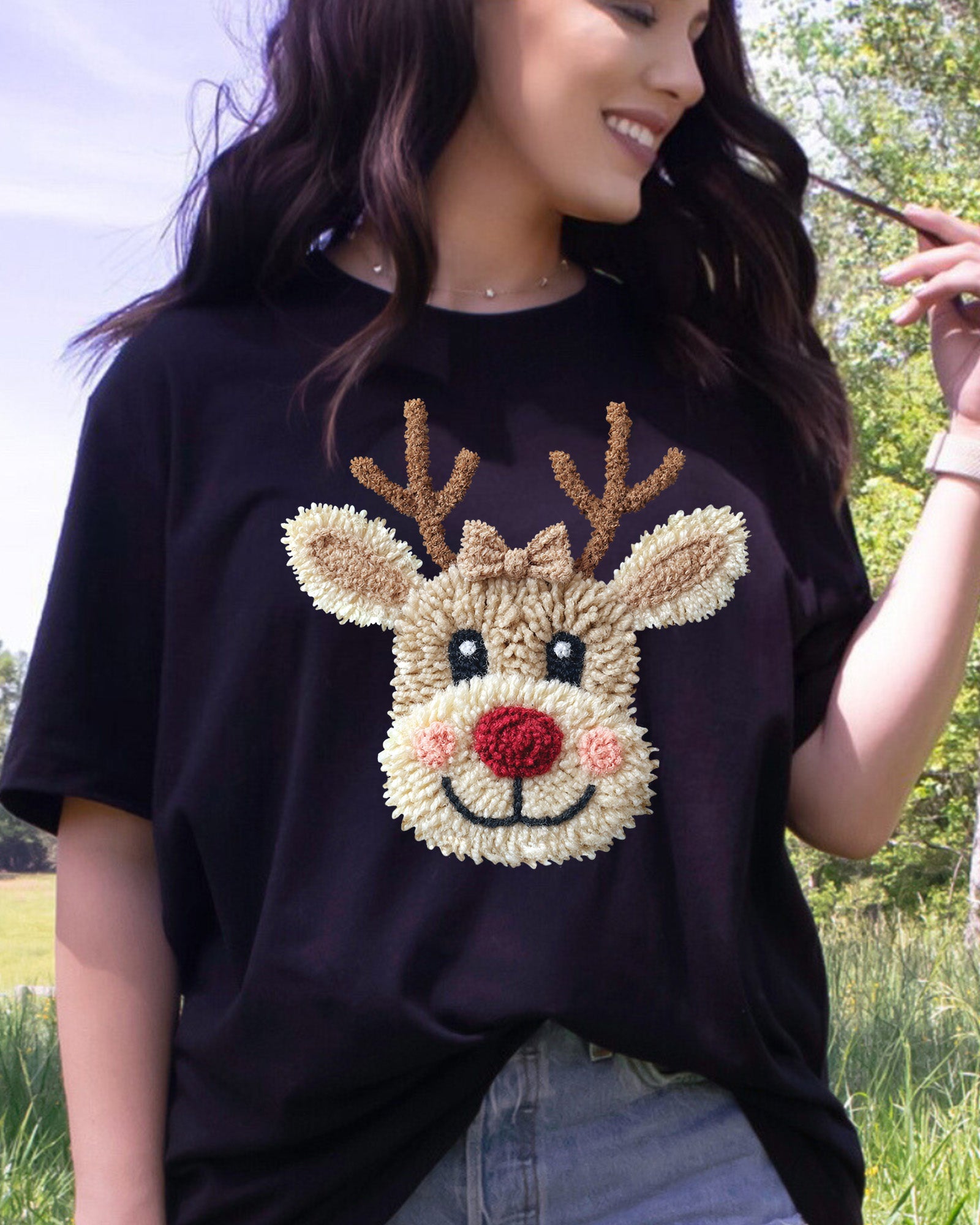 Patchwork Yarn Crochet Reindeer Bow DTF Transfer, Holiday Heat Press Design, Xmas Shirt Print, UV DTF Sticker, Christmas Gift Idea