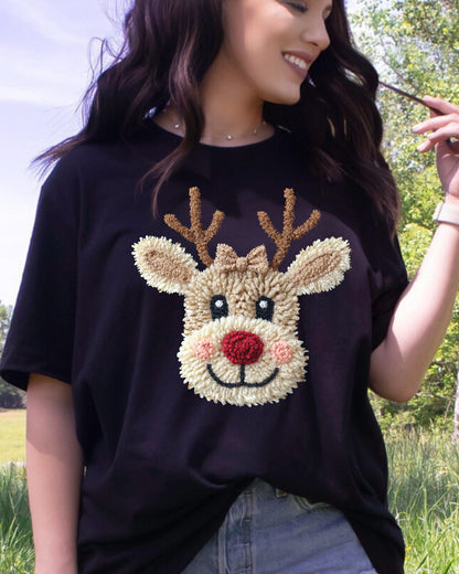 Patchwork Yarn Crochet Reindeer Bow DTF Transfer, Holiday Heat Press Design, Xmas Shirt Print, UV DTF Sticker, Christmas Gift Idea