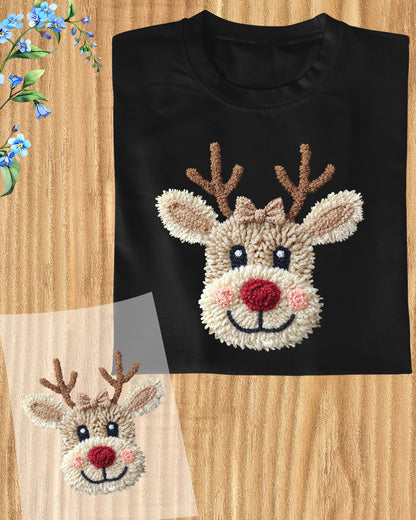Patchwork Yarn Crochet Reindeer Bow DTF Transfer, Holiday Heat Press Design, Xmas Shirt Print, UV DTF Sticker, Christmas Gift Idea