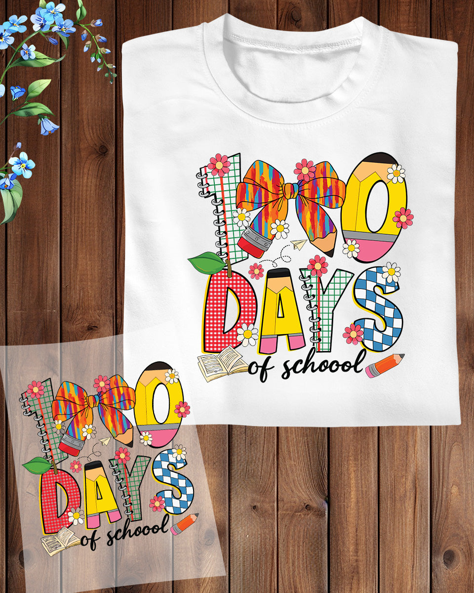 Pencil Bow 100 Days of School DTF Transfer, Ready to Press Heat Transfer for Shirts, Fun 100 Days of School Design, UV Sticker