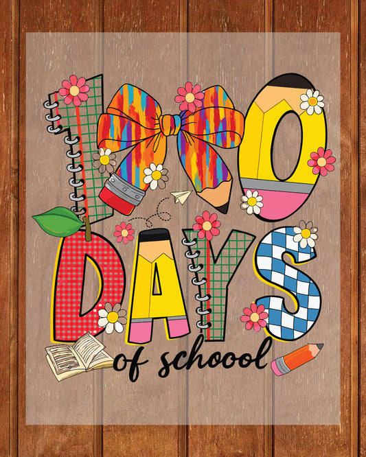 Pencil Bow 100 Days of School DTF Transfer, Ready to Press Heat Transfer for Shirts, Fun 100 Days of School Design, UV Sticker