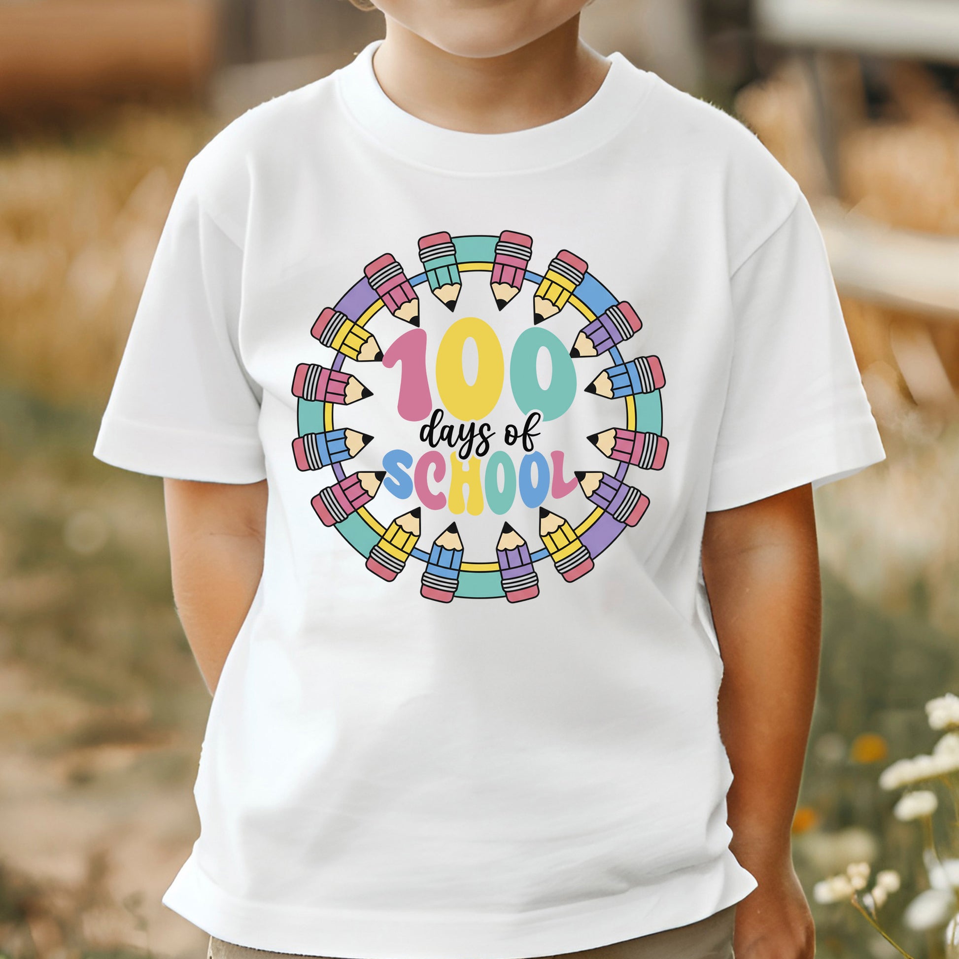 Pencil Wreath 100 Days of School DTF Transfer, Ready to Press Heat Transfer for Shirts, Fun 100 Days of School Kids Design, UV Sticker