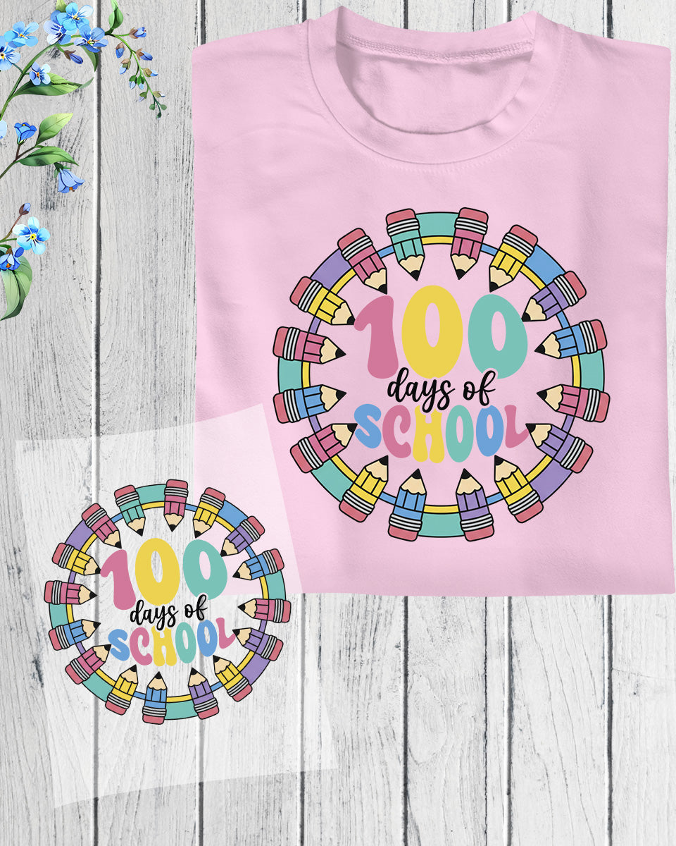Pencil Wreath 100 Days of School DTF Transfer, Ready to Press Heat Transfer for Shirts, Fun 100 Days of School Kids Design, UV Sticker