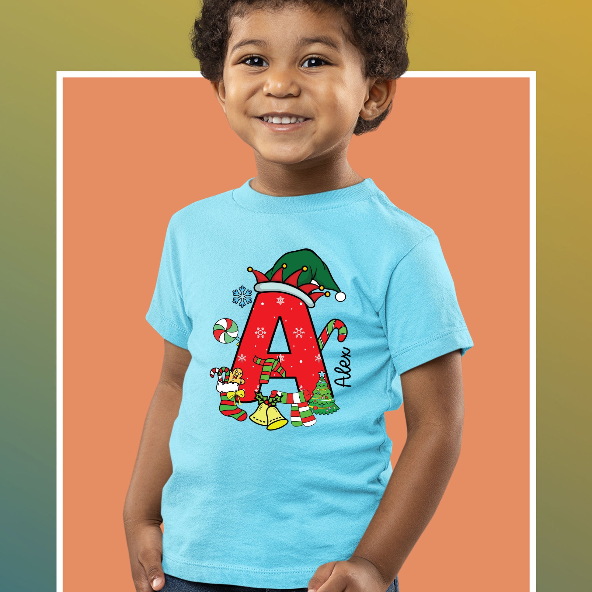 Personalized Christmas Kids Alphabet Name Shirt, Custom Christmas Youth Sweatshirt, Christmas Toddler Shirt, Colorful Shirts