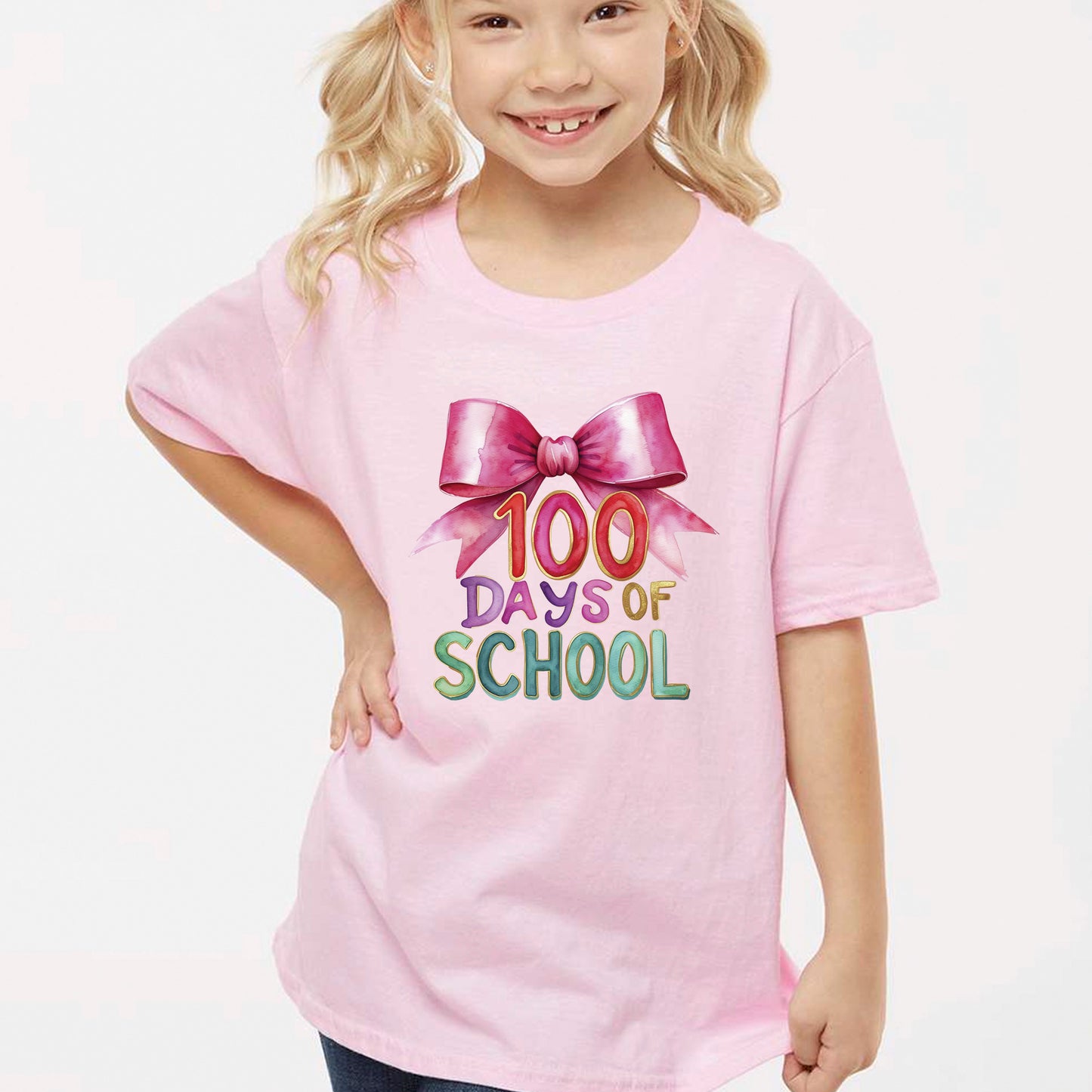 Pink Bow Teacher 100 Days of School DTF Transfer, Ready to Press Heat Transfer for Shirts, Fun Teacher 100 Days of School Design, UV Sticker