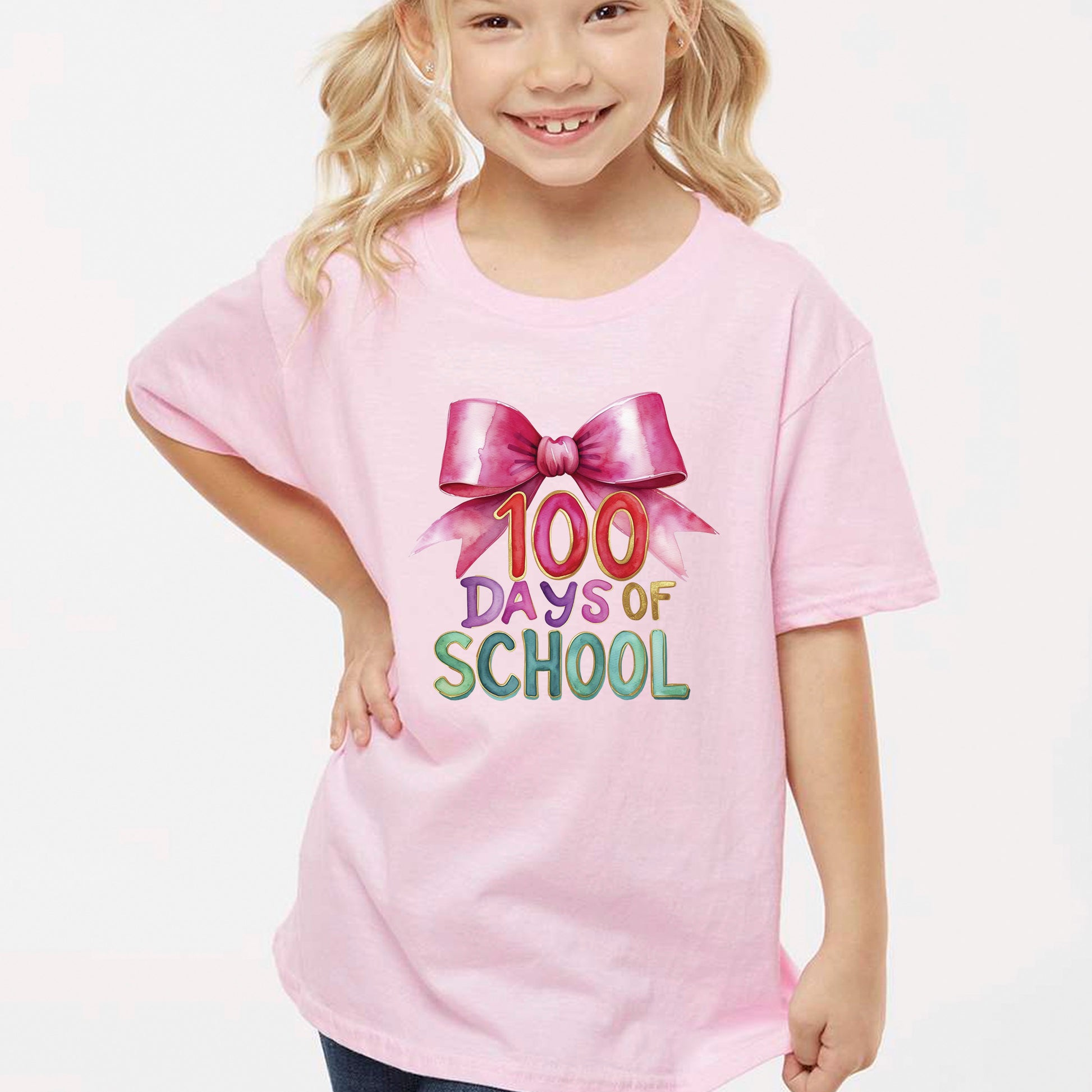 Pink Bow Teacher 100 Days of School DTF Transfer, Ready to Press Heat Transfer for Shirts, Fun Teacher 100 Days of School Design, UV Sticker