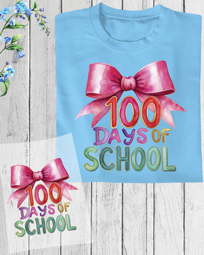 Pink Bow Teacher 100 Days of School DTF Transfer, Ready to Press Heat Transfer for Shirts, Fun Teacher 100 Days of School Design, UV Sticker