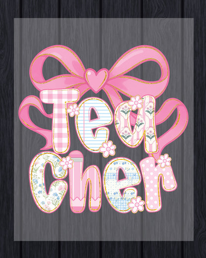 Pink Heart Bow Teacher Patch DTF Transfer