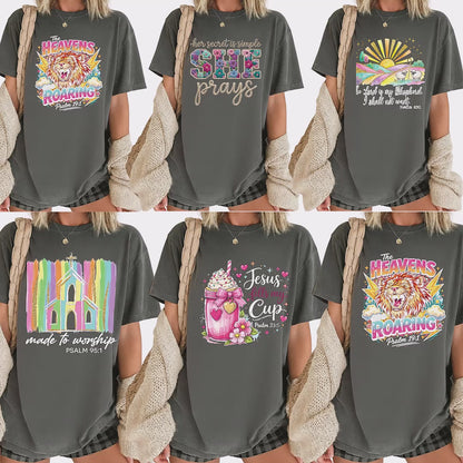 Christian Faux Yarn Printed Comfort Colors T Shirt Jesus Apparel Religious Faith Tees  She Prays The Heavens Roaring Made to Worship