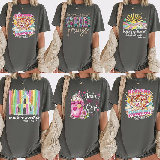 Christian Faux Yarn Printed Comfort Colors T Shirt Jesus Apparel Religious Faith Tees  She Prays The Heavens Roaring Made to Worship