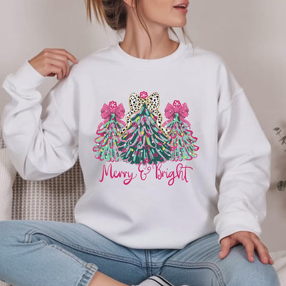 Christmas Sweatshirt, Merry & Bright Xmas Tree Shirt, Pink Holiday Festive Bow Lights Sweater, Merry Christmas Mom Gifts