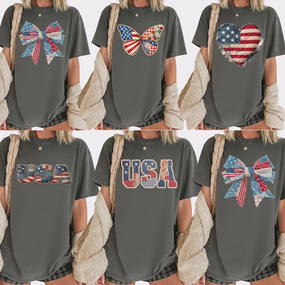 USA Faux Yarn Printed Comfort Colors T Shirt America Flag Heart Apparel Butterfly American Tees America Coquette Bow Clothing