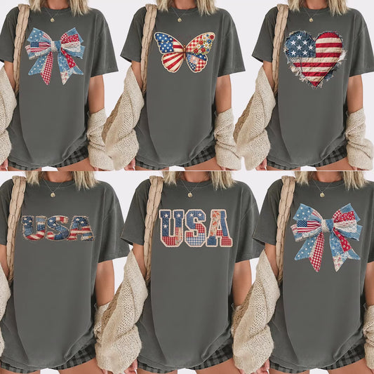USA Faux Yarn Printed Comfort Colors T Shirt America Flag Heart Apparel Butterfly American Tees America Coquette Bow Clothing
