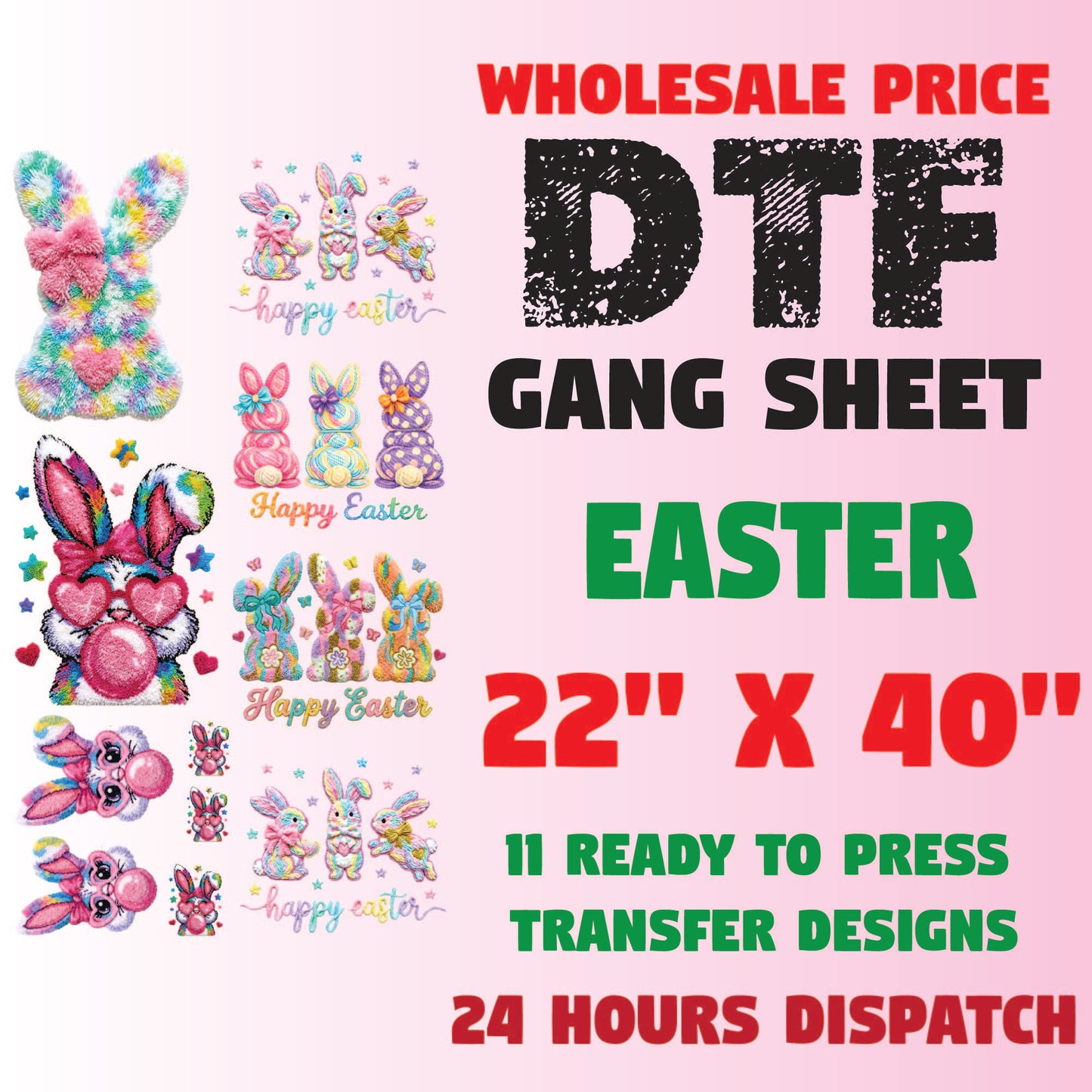 Easter Faux Yarn Printed Premade Gang Sheet Christian Easter DTF Gang Sheet Bunny Character Ready For Press Bible Verse Heat Transfer Gang