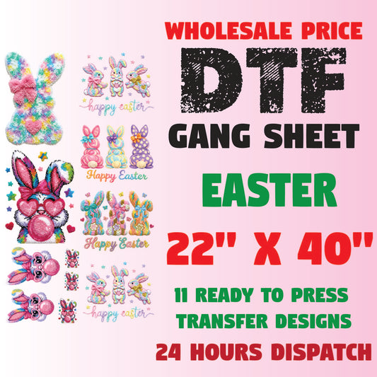 Easter Faux Yarn Printed Premade Gang Sheet Christian Easter DTF Gang Sheet Bunny Character Ready For Press Bible Verse Heat Transfer Gang