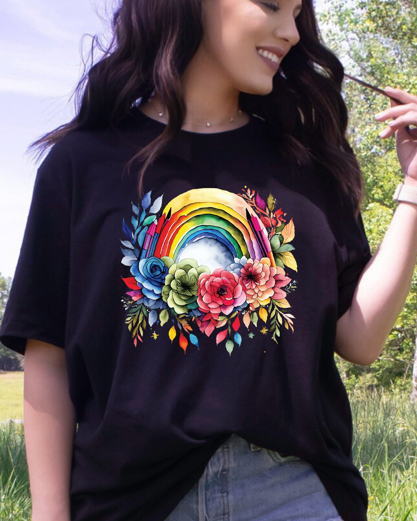 Rainbow and Flowers Pencils DTF Transfer