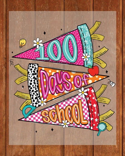 Retro 100 Days Of School DTF Transfer Ready to Press Preppy 100th Heat Application UV Sticker Prints Aesthetic Vintage DIY Student Shirt Decal