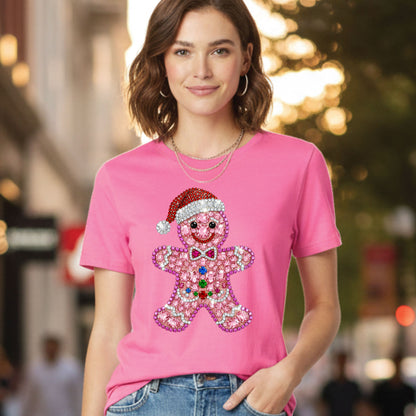 Rhinestone Gingerbread Man Christmas Womens T-Shirt Bling Holiday Cookie Ladies Tees Festive Cute Girls Party Tops
