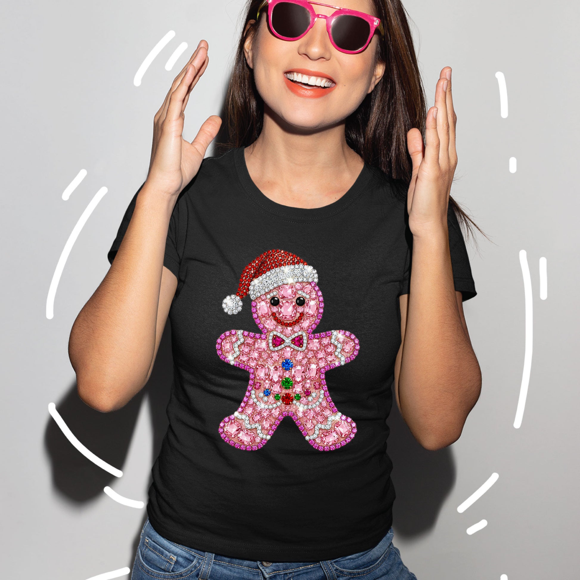 Rhinestone Gingerbread Man Christmas Womens T-Shirt Bling Holiday Cookie Ladies Tees Festive Cute Girls Party Tops