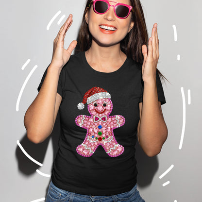 Rhinestone Gingerbread Man Christmas Womens T-Shirt Bling Holiday Cookie Ladies Tees Festive Cute Girls Party Tops