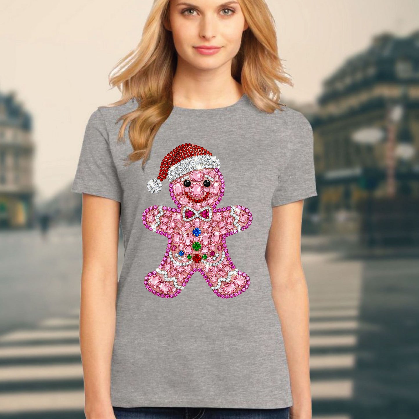 Rhinestone Gingerbread Man Christmas Womens T-Shirt Bling Holiday Cookie Ladies Tees Festive Cute Girls Party Tops
