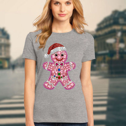 Rhinestone Gingerbread Man Christmas Womens T-Shirt Bling Holiday Cookie Ladies Tees Festive Cute Girls Party Tops