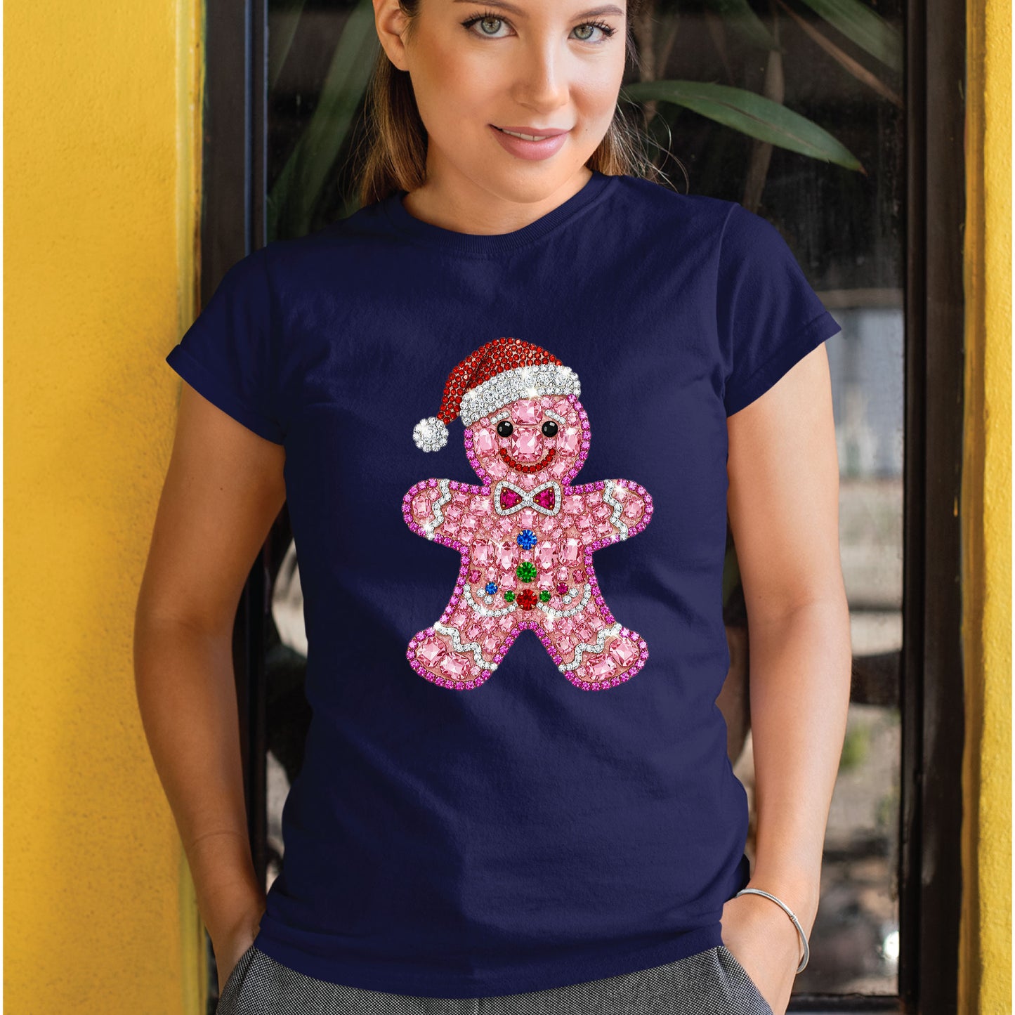 Rhinestone Gingerbread Man Christmas Womens T-Shirt Bling Holiday Cookie Ladies Tees Festive Cute Girls Party Tops
