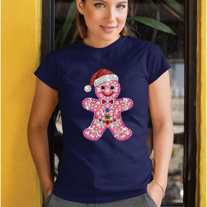 Rhinestone Gingerbread Man Christmas Womens T-Shirt Bling Holiday Cookie Ladies Tees Festive Cute Girls Party Tops