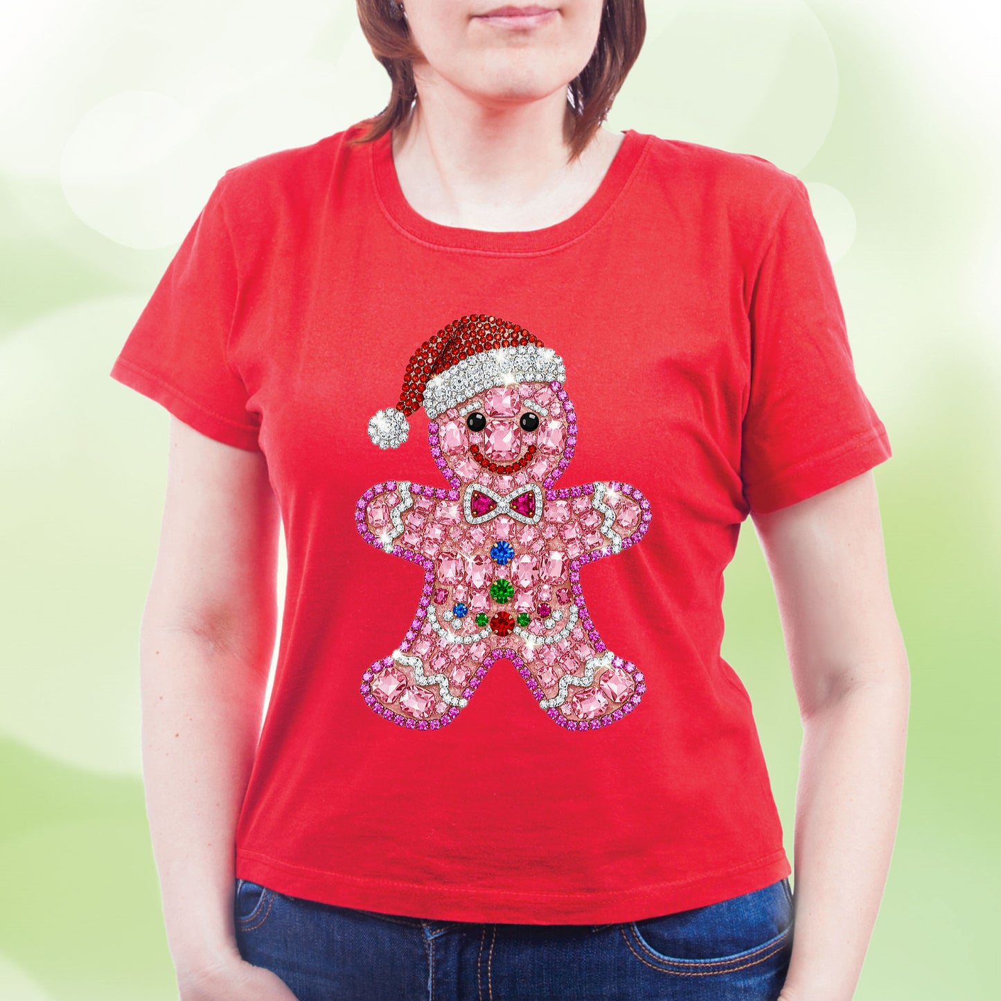 Rhinestone Gingerbread Man Christmas Womens T-Shirt Bling Holiday Cookie Ladies Tees Festive Cute Girls Party Tops