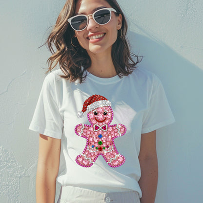 Rhinestone Gingerbread Man Christmas Womens T-Shirt Bling Holiday Cookie Ladies Tees Festive Cute Girls Party Tops