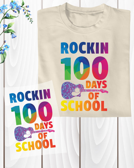 Rockin 100 Days of School Music Teacher DTF Transfer, Ready to Press Heat Transfer for Shirts, Fun 100 Days of School Teacher Design, UV Sticker
